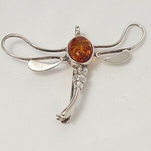 Vintage Sterling Silver Baltic Amber Gemstone Dragonfly Brooch Pendant